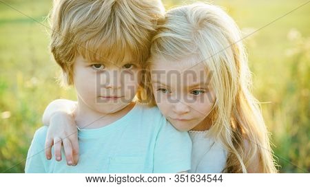 Children Hugging For Goodbye. Friendship And Support. Bye Bye. Little Boy Say Good Bye With Little G