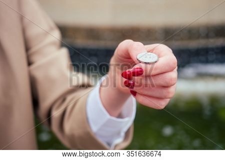 Young Blonde Woman Makes A Wish At The Prague Chezh Fountain