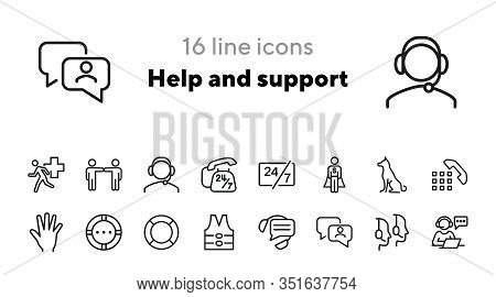 Help And Support Icons. Set Of Line Icons. Call Operator, Sitting Dog, Urgent Help. Help Concept. Ve