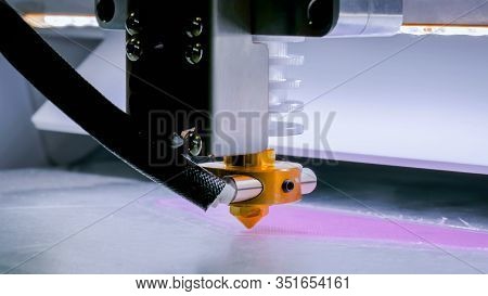 Print Head Of 3d Printer Machine Printing Plastic Model At Modern Scifi Technology Exhibition. 3d Pr