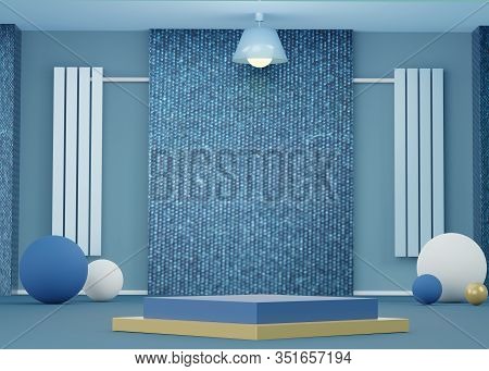 3d Abstract Minimal Geometric Forms. Glossy Luxury Podium For Your Design. Classic Blue Color Of The