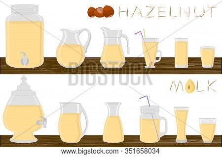 Big Kit Different Types Glassware, Hazelnut Milk In Jugs Various Size. Glassware Consisting Of Organ