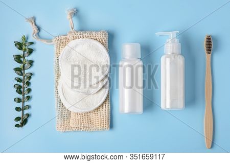 Zero Waste, Sustainable Bathroom And Lifestyle. Bamboo Toothbrush, Cotton Make-up Removal Pads, Home