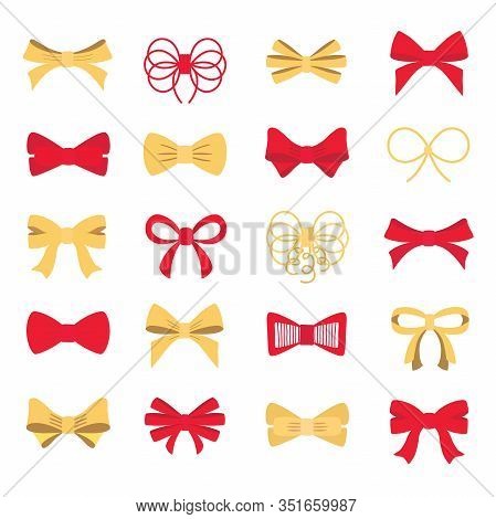 Red And Gold Bow Set For Your Design. Vector Illustration.
