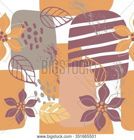 Seamless Floral Collage Pattern With Stylized Flowers, Leaves, Abstract Shapes On White Background. 