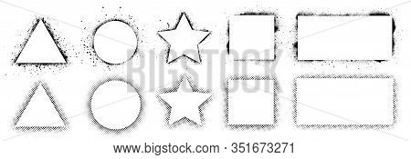 Geometric Shapes And Frames Painted By Spray Paint, Ink Splatter Texture And Stencils Border. Shapes