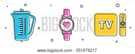 Set Measuring Cup, Smart Watch Showing Heart Beat Rate And Tv Box Receiver And Player With Remote Co