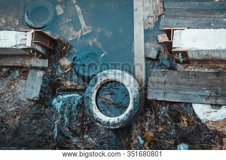 Water Pollution With Congestion In The Riverbed. Urban Garbage Global Problem. Environmental Conserv