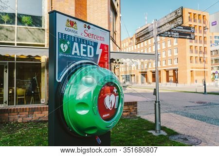 Automated External Defibrillator Aed Philips On The Street In The City Of Gdansk, Poland On February