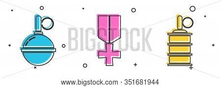 Set Hand Grenade , Military Reward Medal And Hand Grenade Icon. Vector