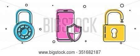 Set Safe Combination Lock Wheel , Smartphone With Security Shield And Open Padlock Icon. Vector