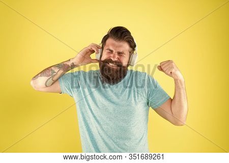 Wireless Headphones Deliver Clean Sound. Modern Technology. Bearded Man Listen Music Wireless Gadget