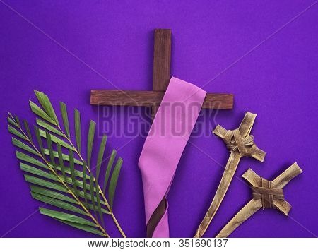 Good Friday, Lent Season, Palm Sunday, Ash Wednesday And Holy Week Concept. A Christian Cross, Three
