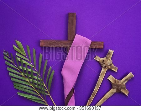 Good Friday, Lent Season, Palm Sunday, Ash Wednesday And Holy Week Concept. A Christian Cross, Three