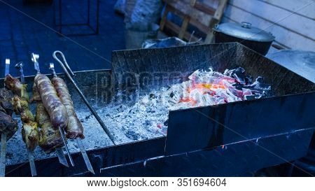 Grilled Kebabs. Barbecue With Barbecue, Fire. Grill Food, Barbecue. Street Food. Banner. Copyspace