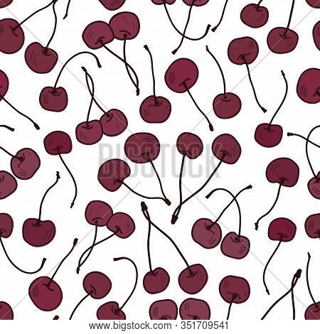 Vector Cherries On White Seamless Pattern Print Background.