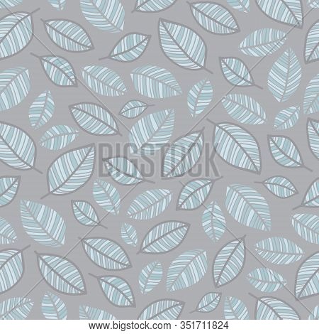 Vector Blue Leafs On Grey Seamless Pattern Print Background.