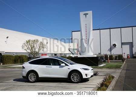 2-17-2020 Hawtorne, California / USA: Tesla Electric Motor Car headquarters in Carson California. Editorial Use Only. Tesla Electric Cars run on Electricity and cause no  dangerous emissions