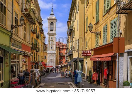 Nice, France - May 23, 2019: View Onto Famous Place Rossetti And Sainte Reparate Cathedral Basilique