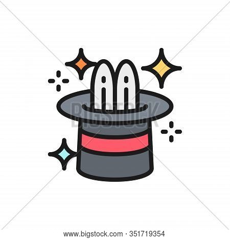 Rabbit In Magic Cylinder Hat, Circus Flat Color Line Icon.