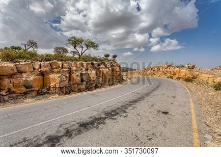 Asphalt Road Through Highland Landscape. Afar Region Near City Mekelle. Ethiopia, Africa