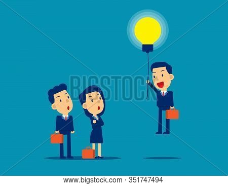 Flying Out From The Crowd By Light Bulb Of Ideas. Concept Kid Business Successful Vector Illustratio