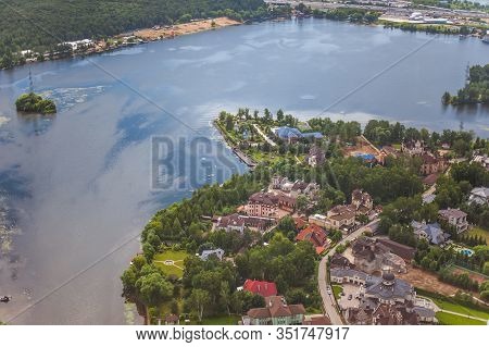 Beautiful Summer Panoramic Landscape. Birds-eye View Of Cottage Village Beresta