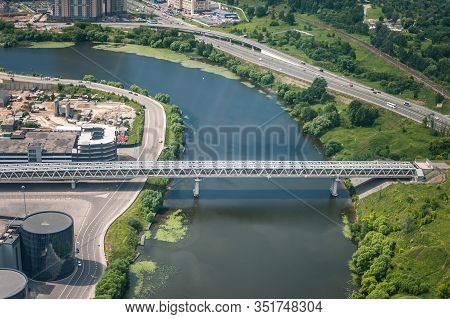Beautiful Summer Panoramic Landscape. Birds-eye View Of Myakininsky Metro Bridge