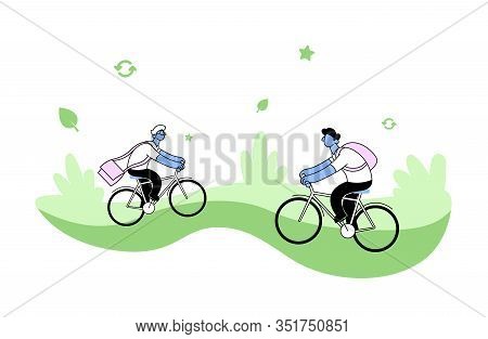 Two Men Riding Bicycles On Green Background. Environmental Problems, Concern Concept. Cartoon Vector