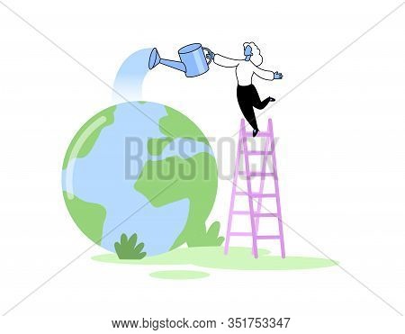 Young Woman Watering The Globe, Earth Planet. Volunteers Taking Care About Planet Ecology Concept. E