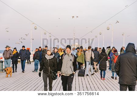 Wooden Pier In Sopot In The Spring. Good Windy Weather. Winter Day On Old Wooden Pier In Sopot, Pola