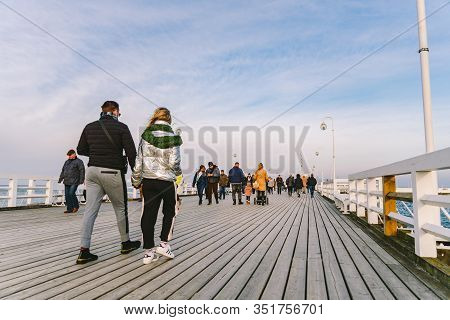 Sopot Pier Molo In The City Of Sopot, Poland February 9, 2020. Cold Winter Day On Famous Old Wooden 