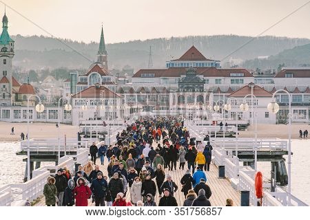 Wooden Pier In Sopot In The Spring. Good Windy Weather. Winter Day On Old Wooden Pier In Sopot, Pola