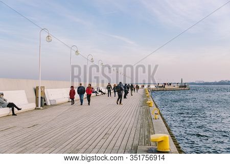 Wooden Pier In Sopot In The Spring. Good Windy Weather. Winter Day On Old Wooden Pier In Sopot, Pola