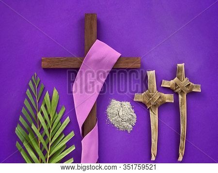 Good Friday, Palm Sunday, Ash Wednesday, Lent Season And Holy Week Concept.  A Christian Cross, Ashe