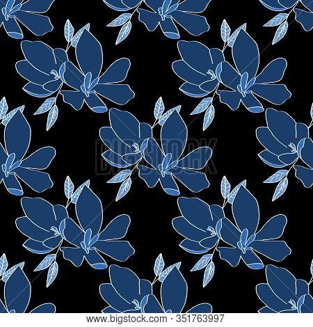 Seamless Background Of Lily Flowers. Lilies Blue Flowers On A Black Background. Can Be Used As Wrapp