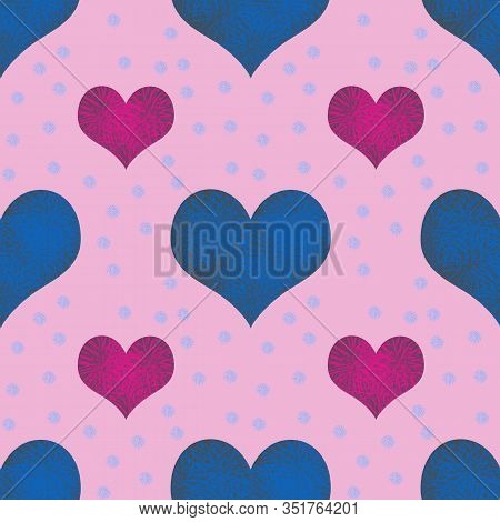 Seamless Pattern Blue And Crimson Hearts Valentines Day Template Pink Background. Can Be Used As Wra