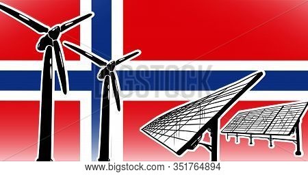 Alternative Energy Vector Concept For Norway Wind Turbines And Solar Panels On Flag Background, Used