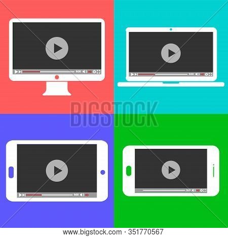 Monitor, Laptop, Tablet And Smartphone Video Player Template - Vector Illustration.