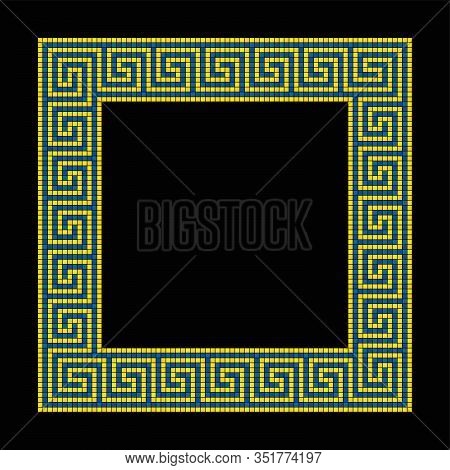 Square Shaped Meander Mosaic, Frame In Yellow And Blue. Frame With Seamless Meander Pattern. Constru