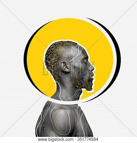 African-american Man With Head Rounded Yellow On White Background. Copyspace For Your Proposal. Mode