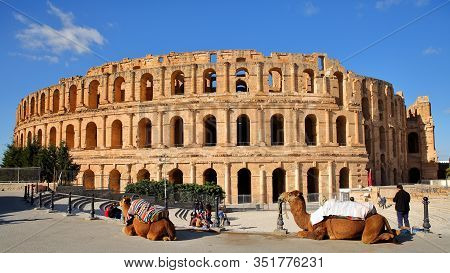 El Jem, Tunisia - December 24, 2019: The Impressive Roman Amphitheater Of El Jem, With Camels In The