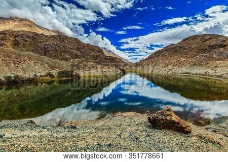 Lohan Tso mountain lake - sacred holy Tibetan buddhist buddhism piligrimage site. Nubra valley, Ladakh, India