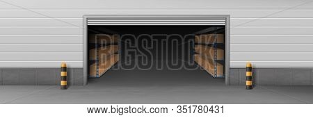 Delivery Company Warehouse, Self-service Storage Facility, Garage Or Hangar With Opened Roll Gate An