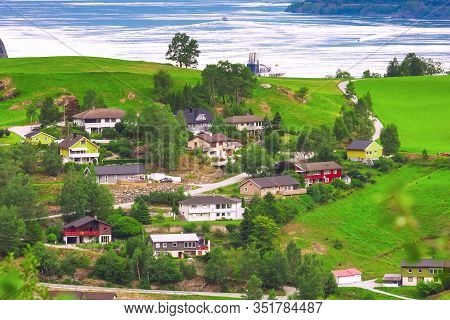 Flam, Norway, Norwegian Fjord Village With Sognefjord Landscape And Cruise Ship