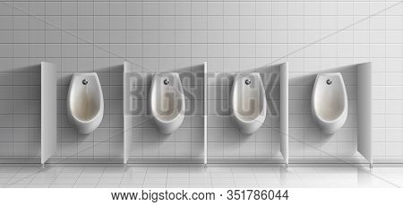 Mens Public Toilet Room Realistic . Row Of Dirty, Rusty Ceramic Urinals With Metal Flushing Buttons 