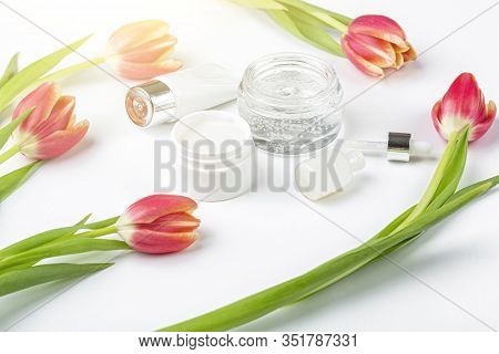 Natural Organic Homemade Cosmetics Concept. Skin Care, Remedy And Beauty Products: Containers With C