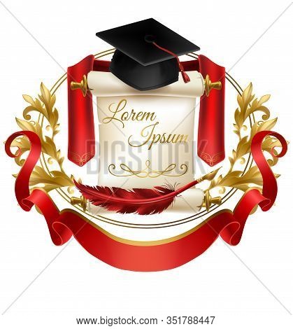 College Fraternity Or Sorority Emblem 3d Realistic Template. Graduation Hat On Diploma Aged Parchmen