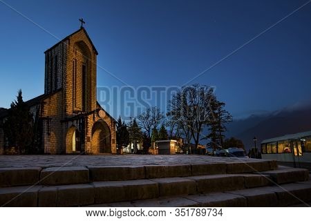 Ancient Stone Church Of Sapa With Blue Night Sky Most Popular Traveling Destination In Sapa Norhtern