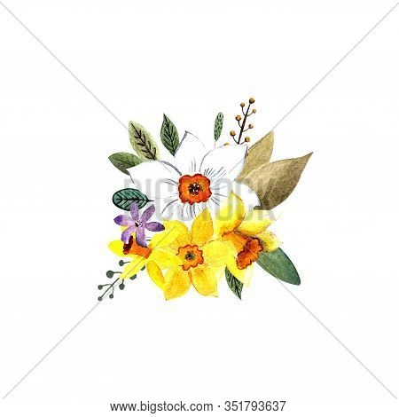 Flower Composition With Daffodils On White Background. Template For Invitation Card, Print. Watercol